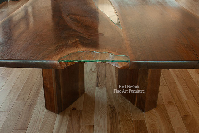 custom made walnut slab table close up of glass end notch